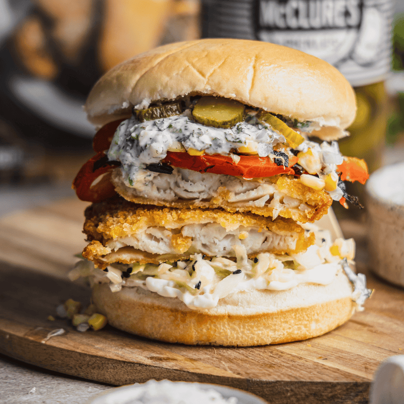Fish & McClure's Pickle Burgers with Tzatziki and Sesame Slaw